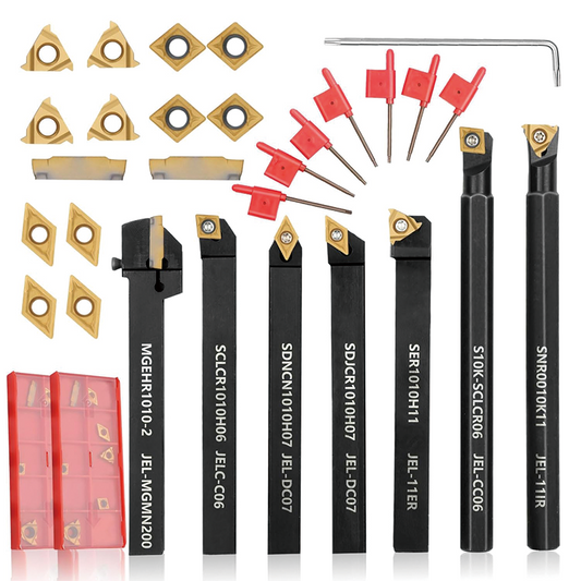 Indexable Carbide Tools 21Pcs,3/8'' 10mm Shank 7Pcs Metal Lathe Tools with 14Pcs Turning Inserts,Turning Grooving Threading Boring Carbide Inserts Carbide Turning Tool