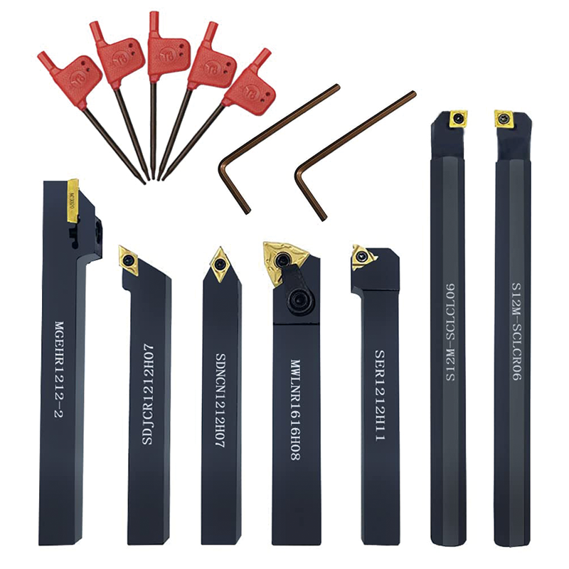 Indexable Carbide Tools 7 Pieces,1/2'' Shank Indexable Lathe Turning Tool Set,for Turning Grooving Threading with Tin Coated Carbide Inserts Turning insert