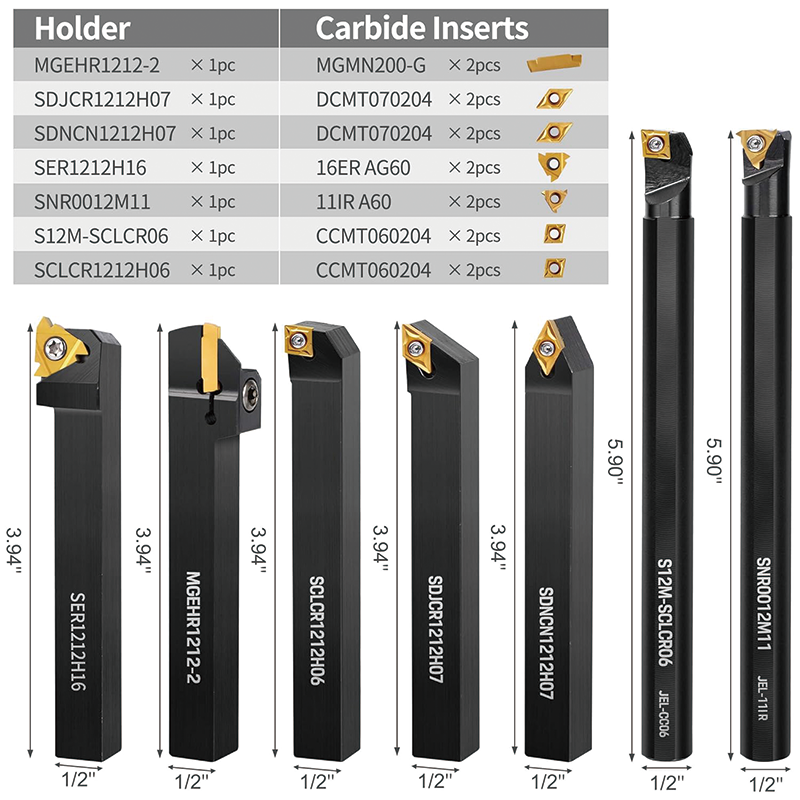 Indexable Carbide Lathe Tools,7PCS 1/2" Turning Holder Boring Bars with 14pcs Indexable Carbide Inserts,Super-Hard 40CR Lathe Bits Carbide Lathe Tool for Lathe Black Compact and Portable