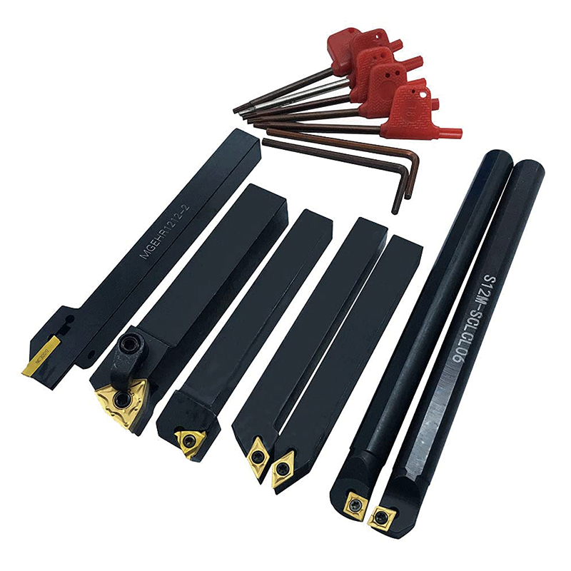 Indexable Carbide Tools 7 Pieces,1/2'' Shank Indexable Lathe Turning Tool Set,for Turning Grooving Threading with Tin Coated Carbide Inserts Turning insert