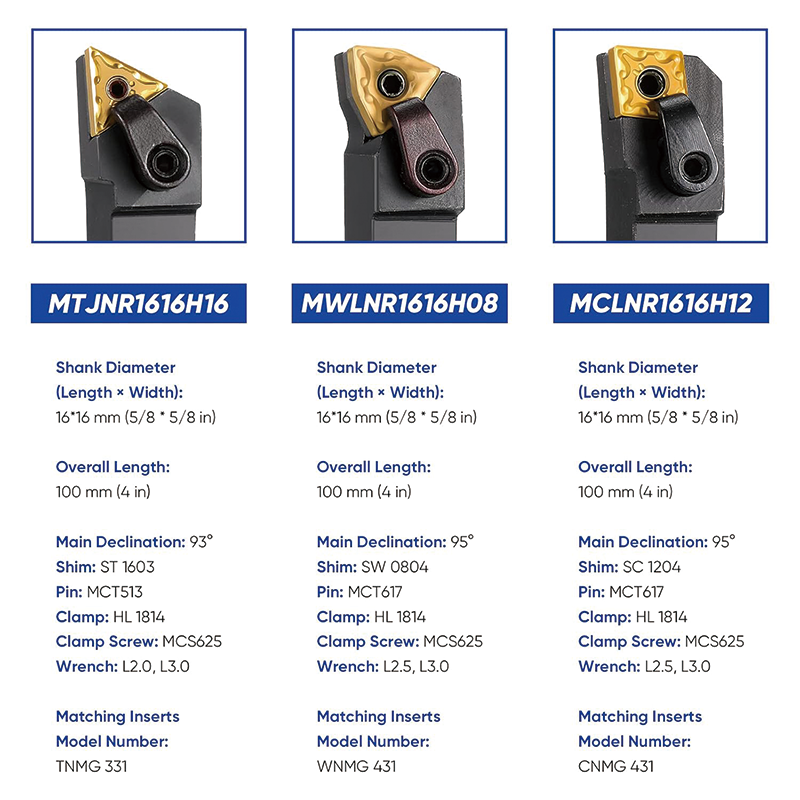 Lathe Indexable Carbide Turning Tool, MTJNR1616H16 + MWLNR1616H08 + MCLNR1616H12 with 30 CNMG 431 + WNMG 431 + TNMG 331 Turning Tool Set Super-hard 40cr Mental Lathe Tools