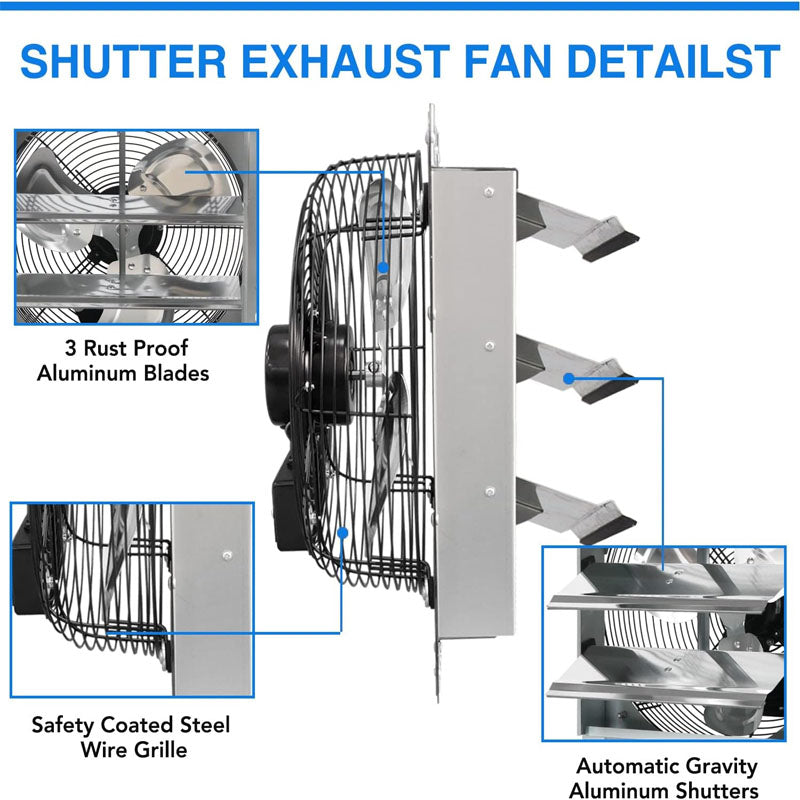 12 Inch Industrial Ventilation Extractor Automatic Aluminum Shutter High Speed 1800CFM Vent fan for Commercial Greenhouse Attic Shed Shop