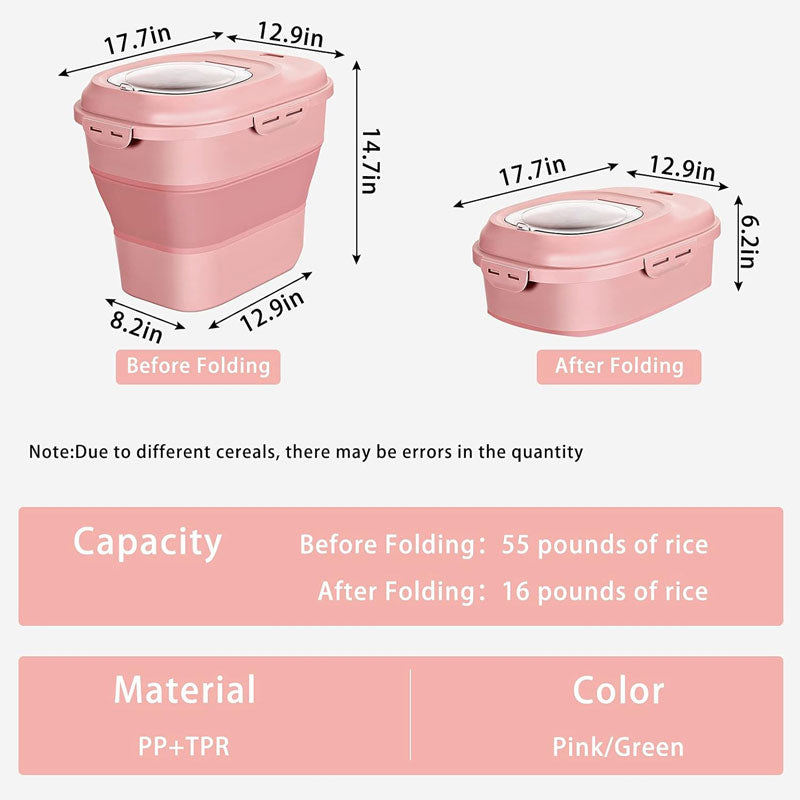 Cereal Rice Food Storage Container With Roller Seal Locking Lid Foldable Dispenser, Pink