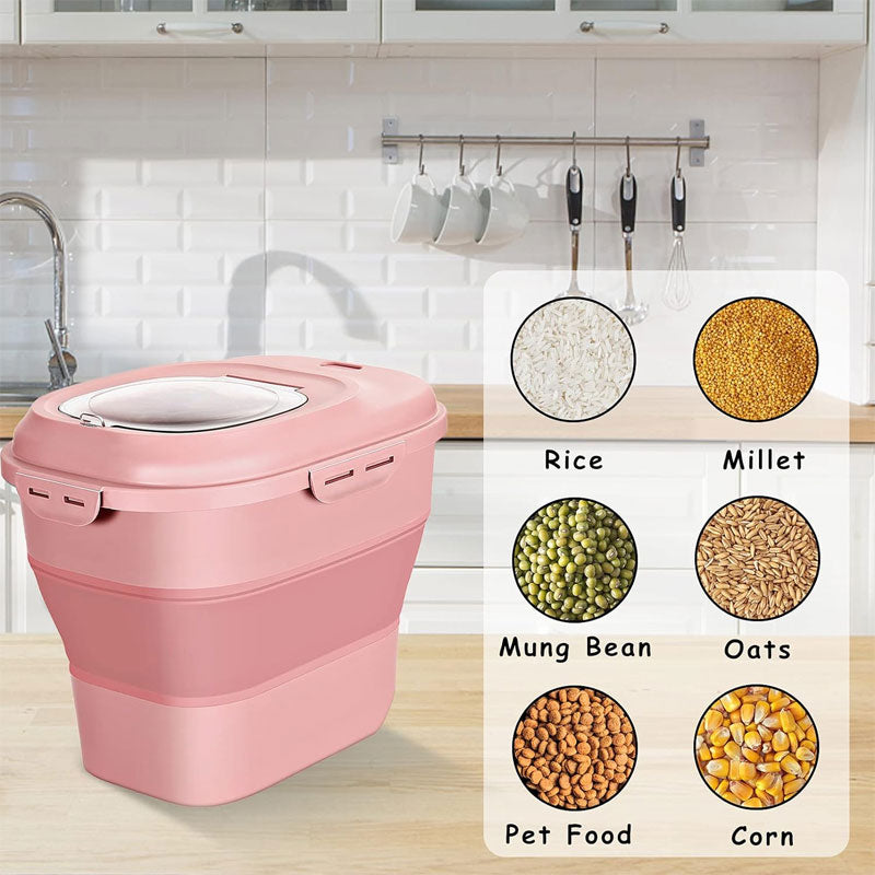 Cereal Rice Food Storage Container With Roller Seal Locking Lid Foldable Dispenser, Pink