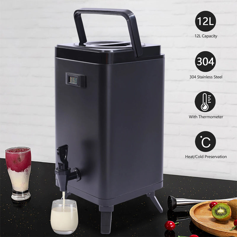 Food Grade Water Jug Hot & Cold 12L Insulated Beverage Dispenser Square Temperature Display Coffee Milk Tea Bucket