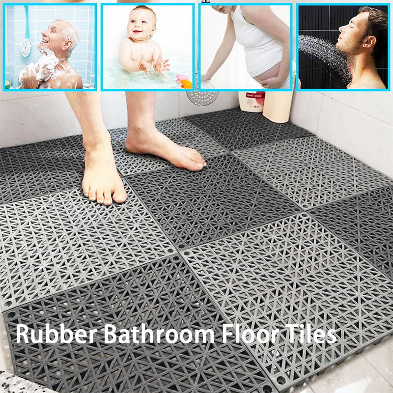 12" x 12" Interlocking Rubber Bathroom Floor Tiles, Interlocking Mats 12 Pack For Deck, Pool, Patio, Balcony, Shower, Kitchen, Yard (Gray)
