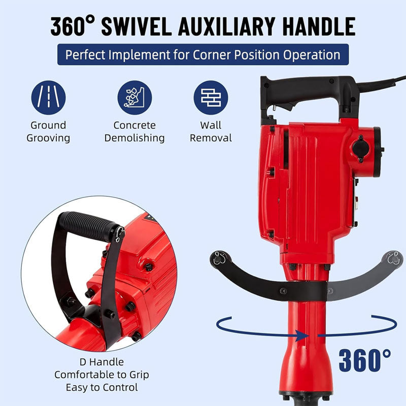 2200W Heavy Duty Demolition Drill And Kit, Demolition Pick, Rock Drill With 4 Chisels, Noise Reduction Earplugs, Shoulder Strap