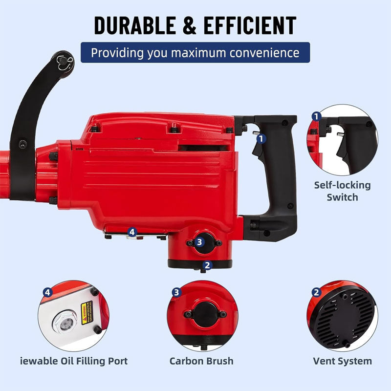 2200W Heavy Duty Demolition Drill And Kit, Demolition Pick, Rock Drill With 4 Chisels, Noise Reduction Earplugs, Shoulder Strap