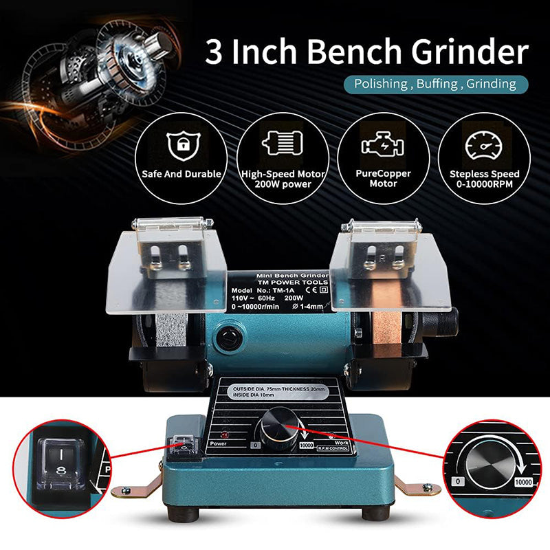 Mini Bench Grinder for Polishing, Buffing Jewelry Making Bench Polisher and Professional Lapidary Equipment for Rocks, Metals, and Gems