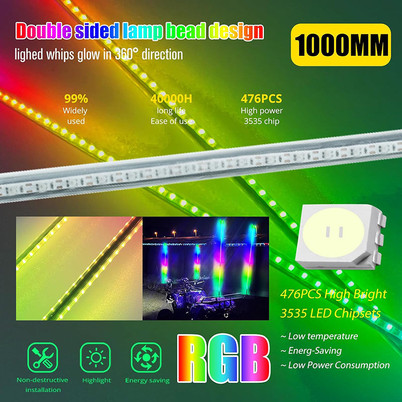 2Pcs 3.2FT LED Whip Lights 270° Auto Multiple Colors LED Antenna Light Waterproof for Off-Road Truck Boat