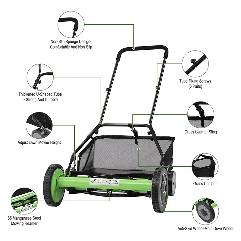 20 Inch Reel Mower Push Lawn Mower Universal Manual Lawn Mower with Grass Catcher Adjustable Cutting Height