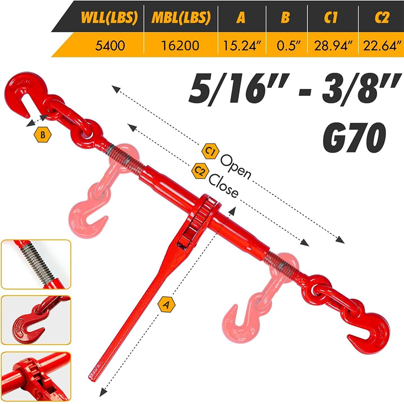 Chain Tie Down Kit 5/16" - 3/8" Grade 70 and 5/16" x 10' chain, includes ratchet Load Binders (2) tie downs and (2) G70 5/16" chain for industrial agricultural pulling applications