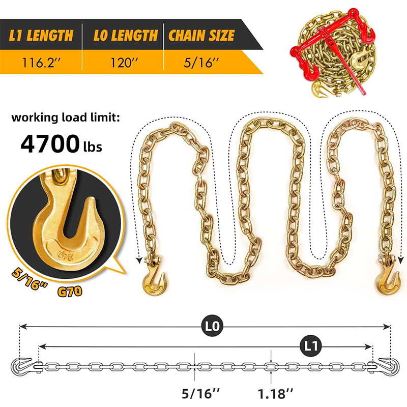 Chain Tie Down Kit 5/16" - 3/8" Grade 70 and 5/16" x 10' chain, includes ratchet Load Binders (2) tie downs and (2) G70 5/16" chain for industrial agricultural pulling applications