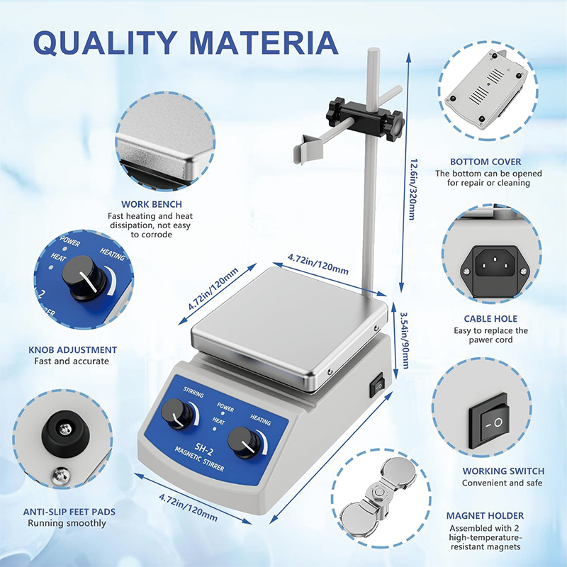 Magnetic Stirrer, Magnetic Stir Plate w/Stir Bar Retriever, 100~2000RPM Max.520℉ Hot Plate Stirrer w/Stir Bar n Support Stand