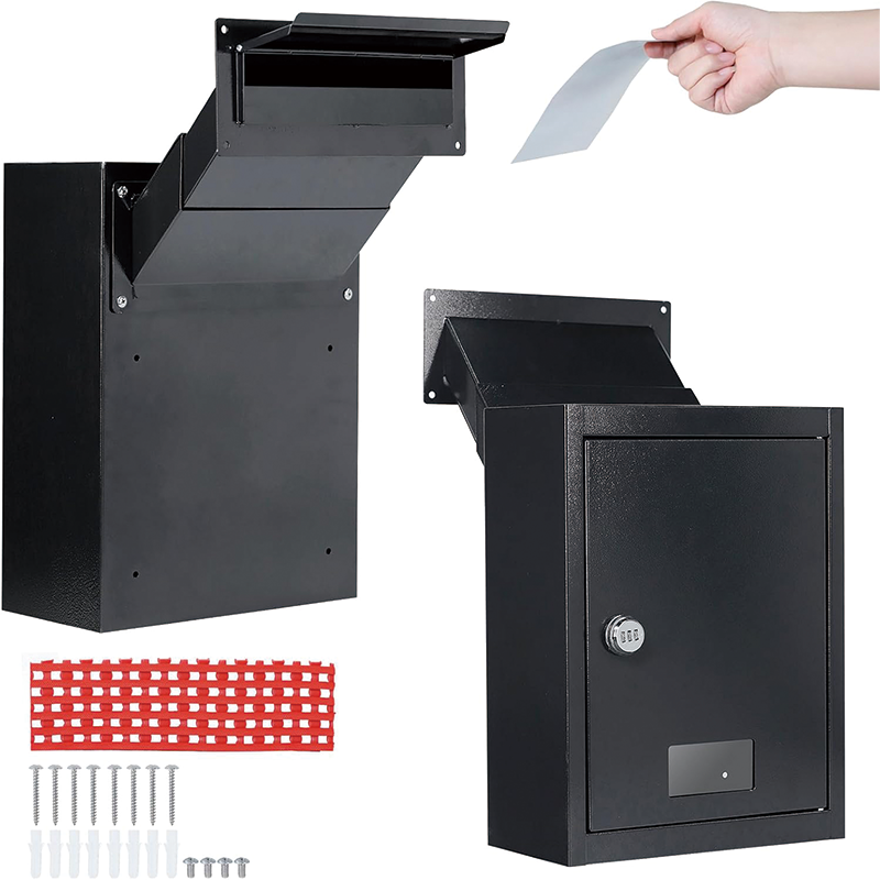 Through The Wall Drop Box,16.5" x 12.5" x 6"Mail Drop Box w/Adjustable Chute,Rainproof Mail Slots Walls Thickness 2.8” to 7.9” for Home Office Apartment,Black