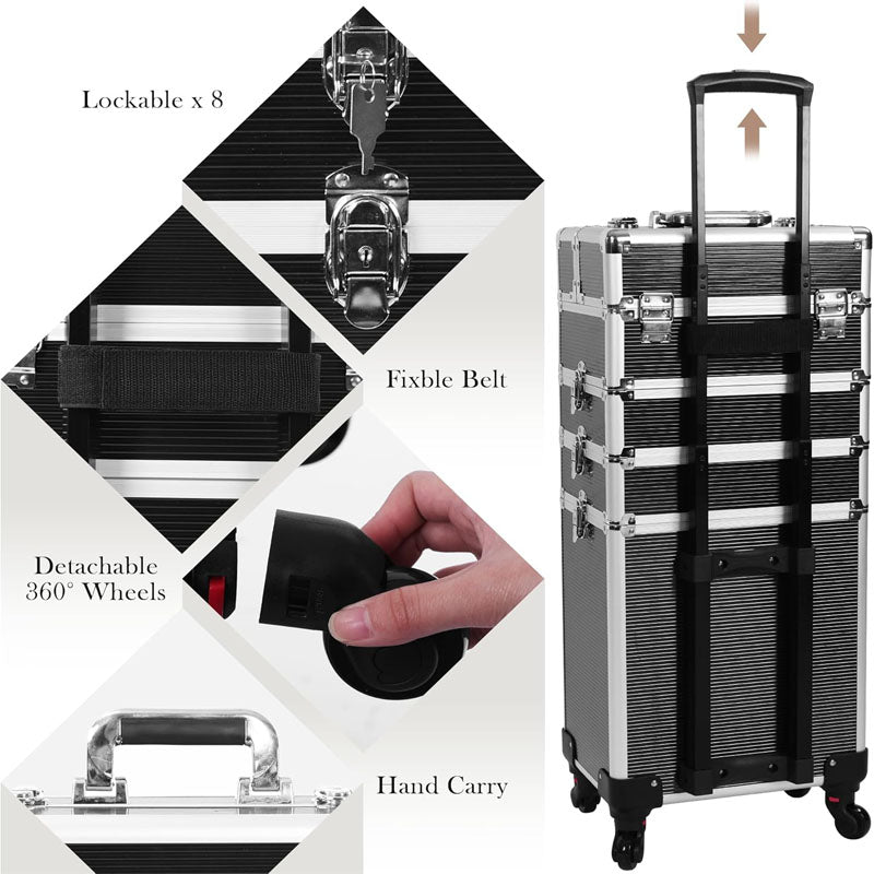 Makeup Rolling Trolley 5 in 1 Professional Makeup Train Case Aluminum Cosmetic Case with Key Swivel Wheels , Black