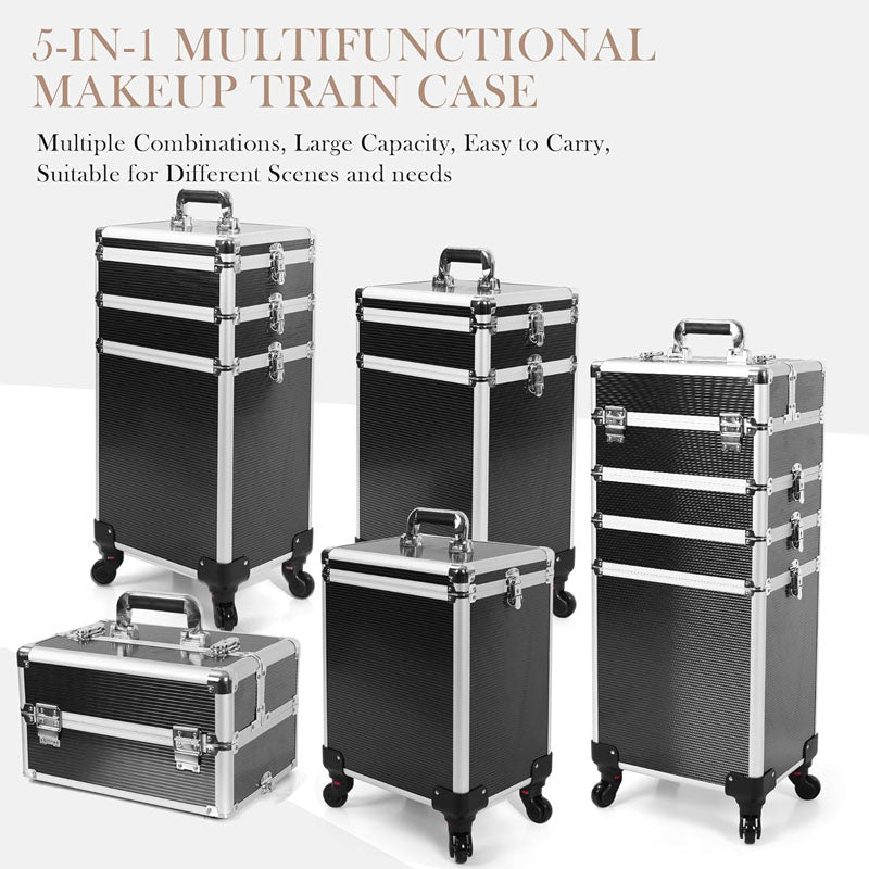 Makeup Rolling Trolley 5 in 1 Professional Makeup Train Case Aluminum Cosmetic Case with Key Swivel Wheels , Black