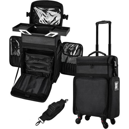 Rolling Makeup Train Case Professional Cosmetology Travel Trolley with telescopic handle Makeup Artist Organizer Box