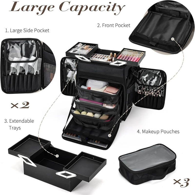 Rolling Makeup Train Case Professional Cosmetology Travel Trolley with telescopic handle Makeup Artist Organizer Box