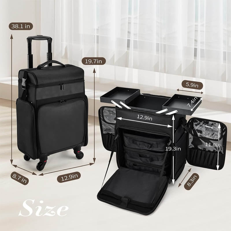 Rolling Makeup Train Case Professional Cosmetology Travel Trolley with telescopic handle Makeup Artist Organizer Box