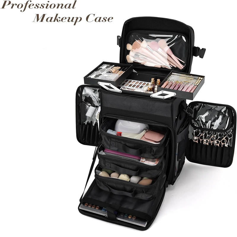 Rolling Makeup Train Case Professional Cosmetology Travel Trolley with telescopic handle Makeup Artist Organizer Box