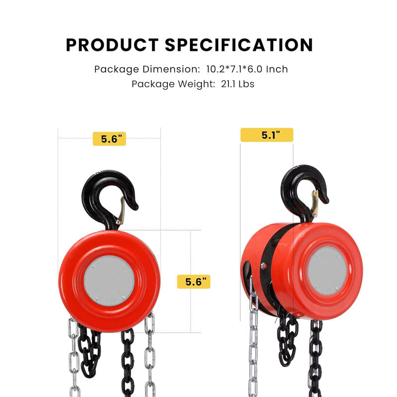 Manual Chain Hoist 1 Ton 2200 Lbs Capacity 10ft With 2 Heavy Duty Hooks, Manual Chain Hoist For Warehouse Building Auto Machinery Red