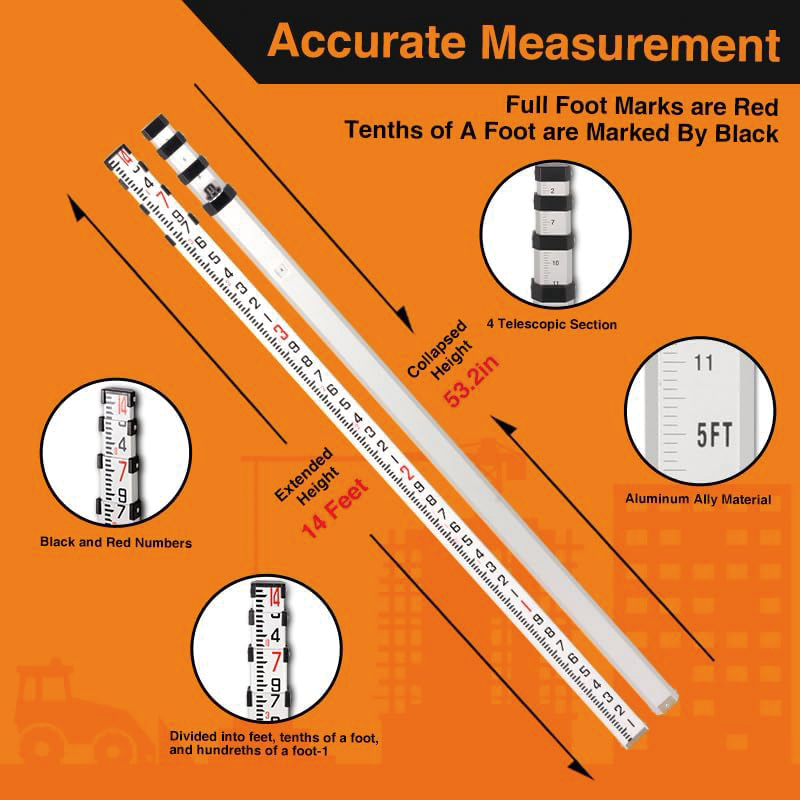 Measuring Rod , 14-Foot Aluminum Grade Rod 10ths  with Carrying Case and Rod level , Aluminum Grade Rod