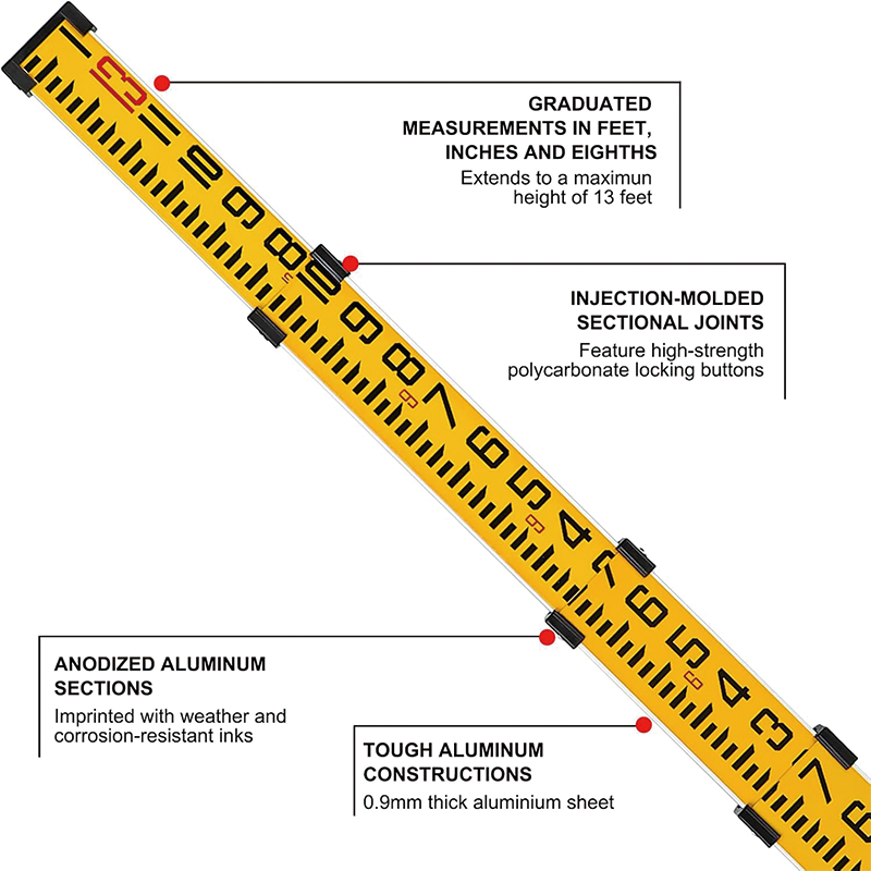 Measuring Rod , 13-Foot Aluminum Grade Rod 8ths 4 Sections Telescopic Grade Rod with Bubble Level