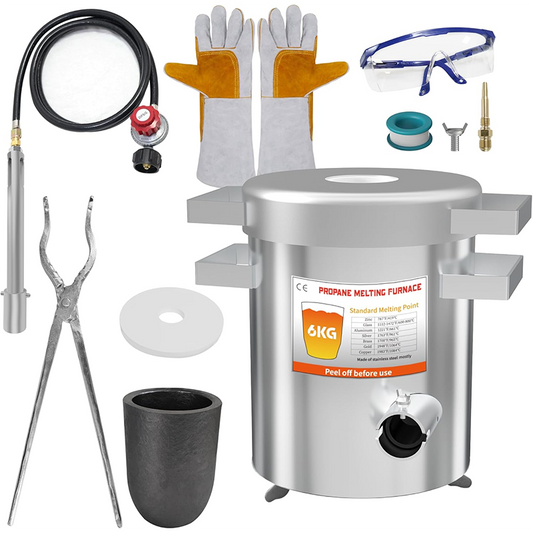 Melting Furnace, Propane Furnace Kit, 6 Kg (13 Lb) Graphite Crucible, 2372°F Max Temp, Cast In Stainless Steel, Smelts Metals, Comes With Goggles And High Temperature Gloves