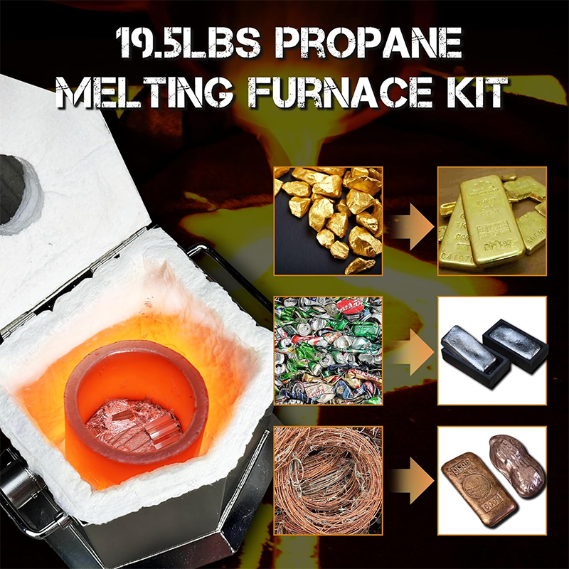 9KG/19.5lbs Propane Melting Furnace Kit with Two Tongs and Crucible, Brand New Kiln Metal Casting Furnace Smelting Gold Silver Copper Aluminum, Metal Recycling Home Smelting Casting Tools