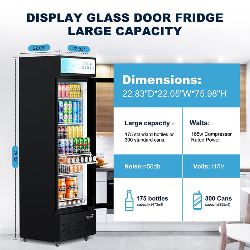 12 cu.ft and 5 Shelves Glass Door Refrigerator Commercial Beverage Refrigerators with LED Light Display Refrigerator for Cafe Restaurant Store Bar