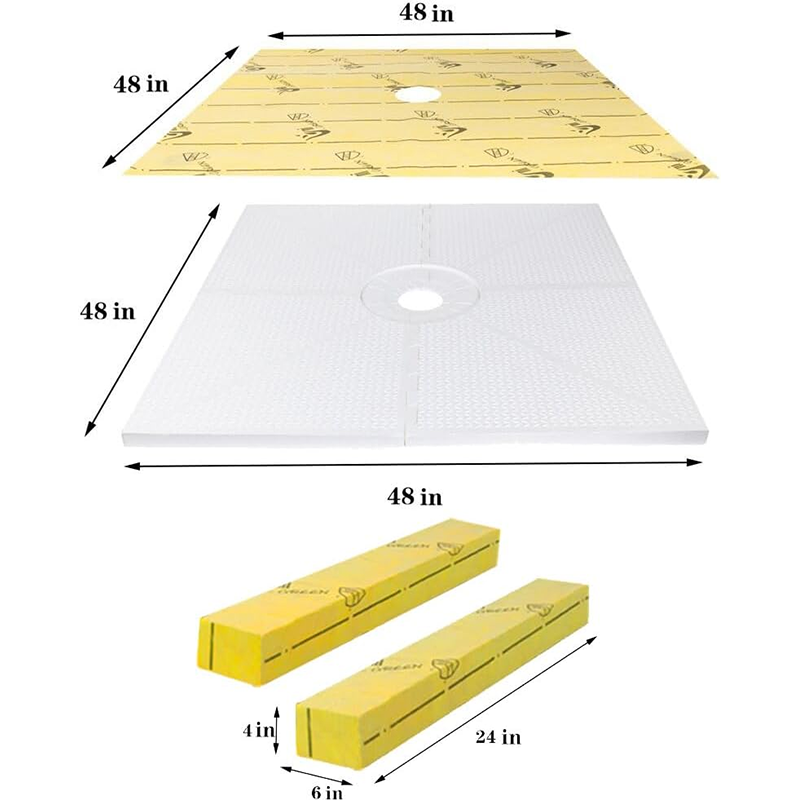 EPS Foam Shower Curb Kit, 48" x 48" Shower Pan Kit, Foam Tile Shower Base with ABS Flange and 4" Brushed Nickel Drain Grille