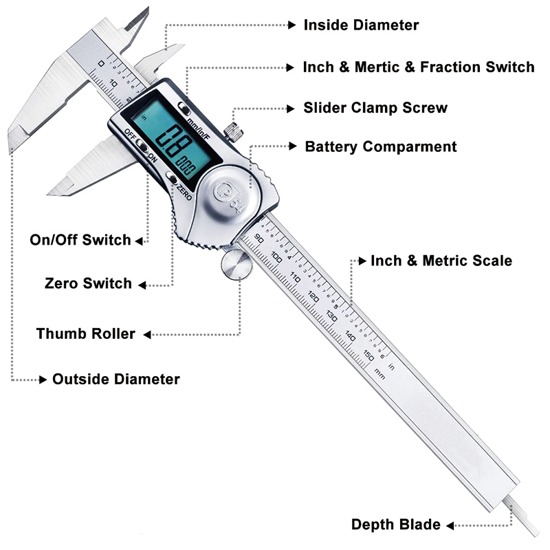 Digital Caliper, Calipers 6 Inch Calipers Measuring Tool, Easy Switch from Inch Metric Fraction, with Large LCD Screen