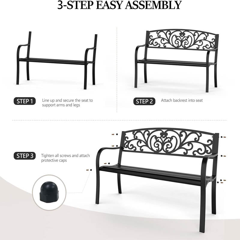 Park Benches with PVC Back Pattern with Backrest and Armrests, Patio Bench for Garden, Park, Yard