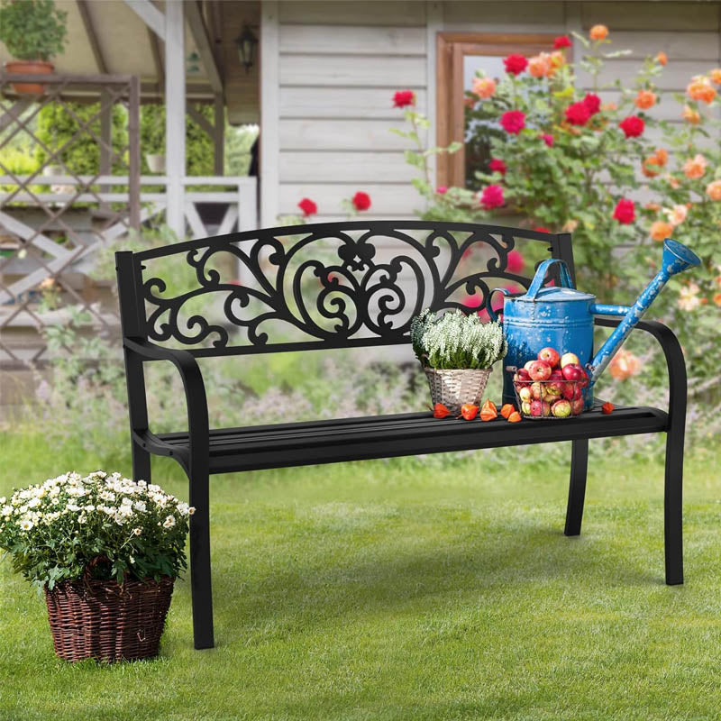 Park Benches with PVC Back Pattern with Backrest and Armrests, Patio Bench for Garden, Park, Yard