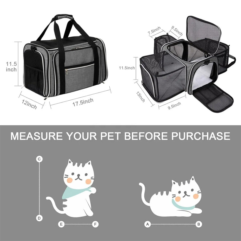 Cat Carrier Bag, Pet Carrier Soft Side Pet Travel 5 Sides Open Doors 3 Sides Expandable Foldable With Fleece Pad