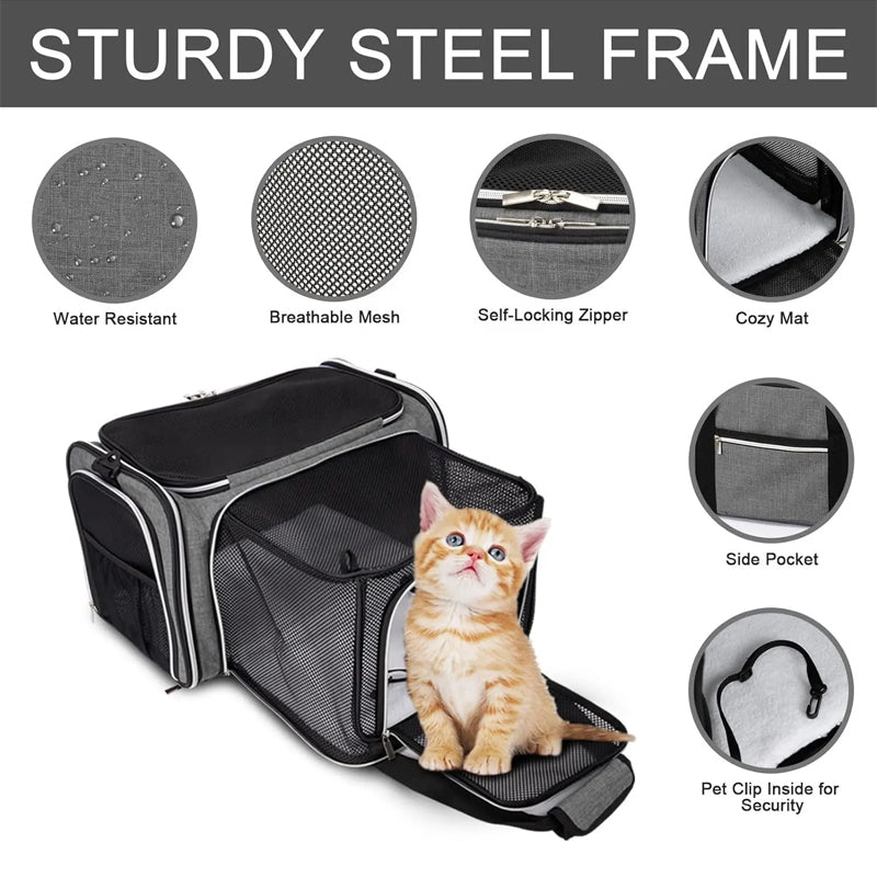 Cat Carrier Bag, Pet Carrier Soft Side Pet Travel 5 Sides Open Doors 3 Sides Expandable Foldable With Fleece Pad