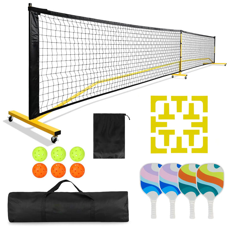 Pickleball Net Set With Wheels 22Ft Driveway Portable Outdoors Regulation Size Pickle Ball Net With 4 Paddles