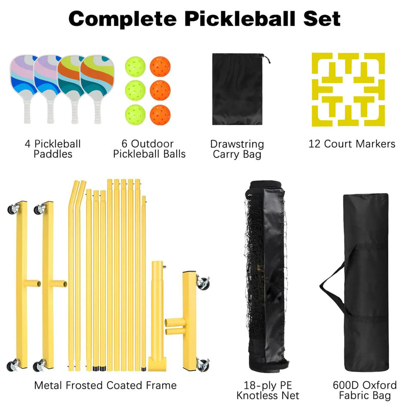 Pickleball Net Set With Wheels 22Ft Driveway Portable Outdoors Regulation Size Pickle Ball Net With 4 Paddles