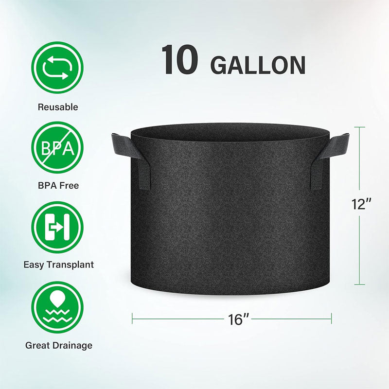 5-Pack 10 Gallon Grow Bags, Ventilated Non-Woven Planter Pots With Handles For Potatoes, Tomatoes, Vegetables And Fruits, Black