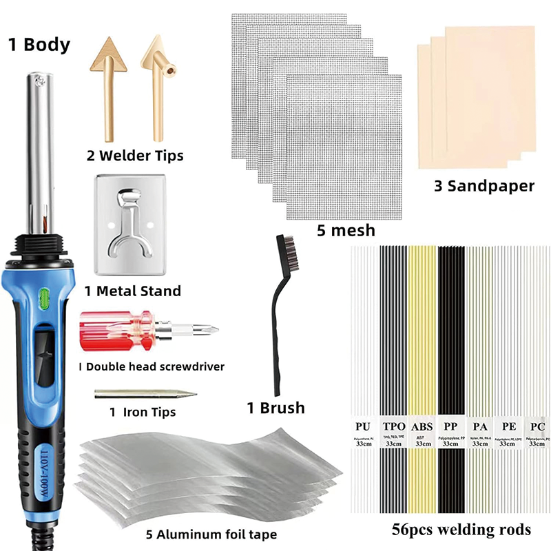 Plastic Welding Kit,100W,Iron Gun with 56pcs Rods,Professional Surface Repair Tool for Car Bumper with 4 Welding Tips, for Kayak/Toys/Plastic Crack/Electronics Repair