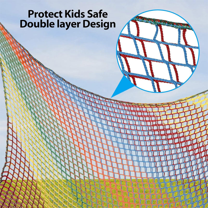 Playground Safety Net 14.7' x 9.8', Children's Double Layer Climbing Cargo Net For Tree House, Backyard, Rainbow Rope Bridge Net