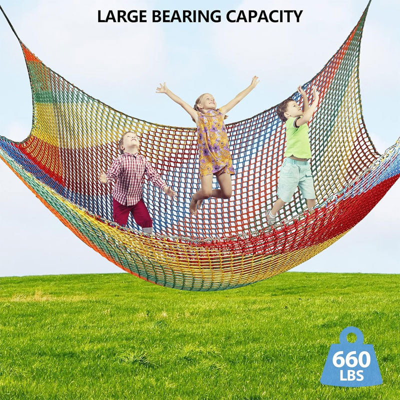 Playground Safety Net 14.7' x 9.8', Children's Double Layer Climbing Cargo Net For Tree House, Backyard, Rainbow Rope Bridge Net