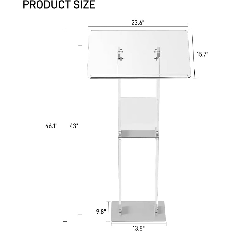 46.1" Clear Acrylic Podium Stand With Metal Base Lucite Lectern Pulpits For Classroom Weddings Churches Speech With Storage Shelf