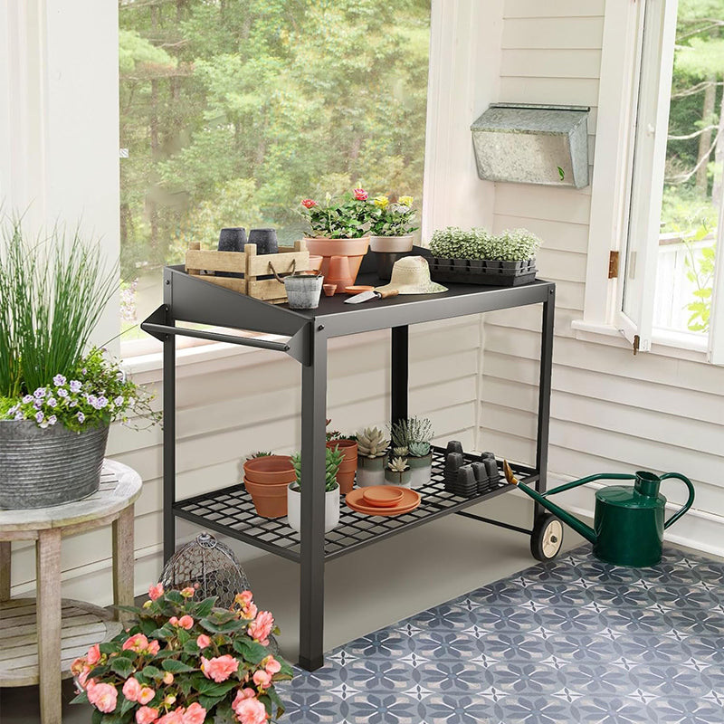 Weatherproof Metal Potting Bench with Wheels Planting Table Gardening Work Benches for Outside