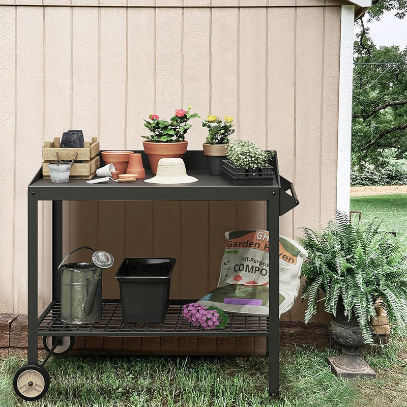 Weatherproof Metal Potting Bench with Wheels Planting Table Gardening Work Benches for Outside