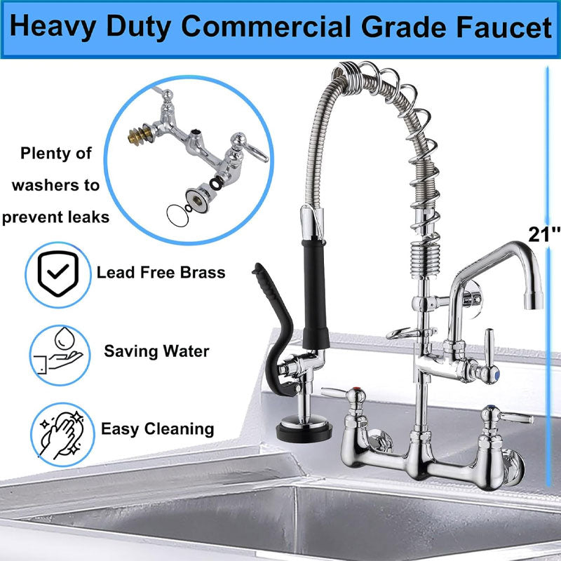 Pre-Rinse Wall Mount Kitchen Faucet, 8 Inch Adjustable Center Kitchen Sink Faucet For Restaurants, Industrial Brass And Pull-Down Sprayer