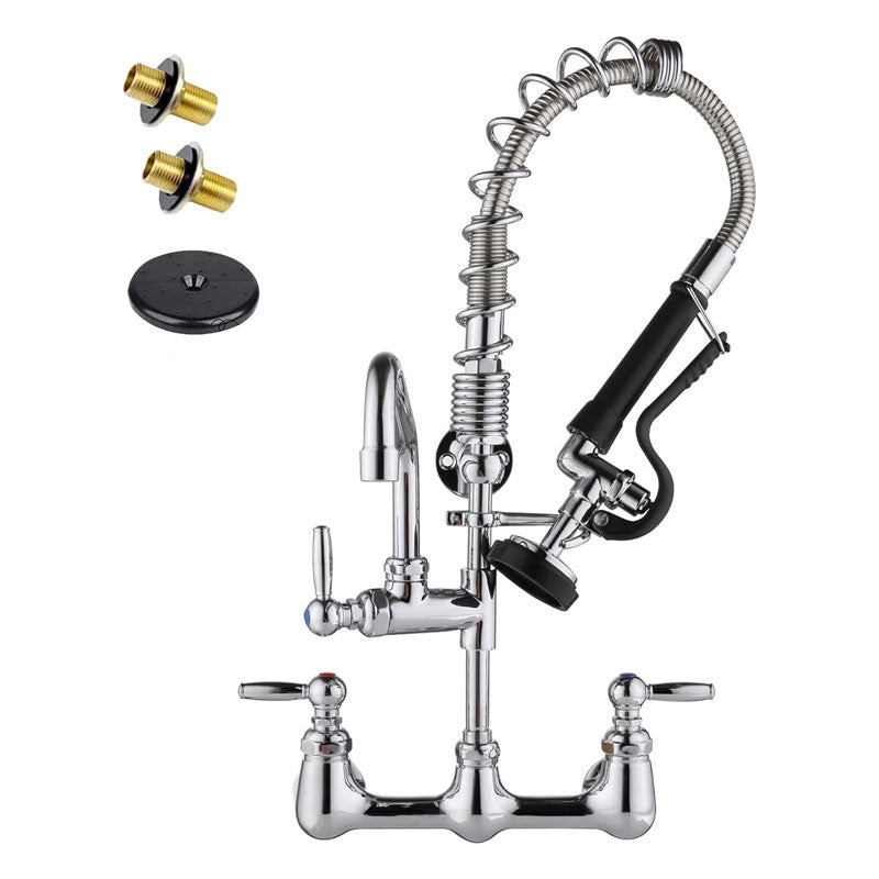 Pre-Rinse Wall Mount Kitchen Faucet, 8 Inch Adjustable Center Kitchen Sink Faucet For Restaurants, Industrial Brass And Pull-Down Sprayer