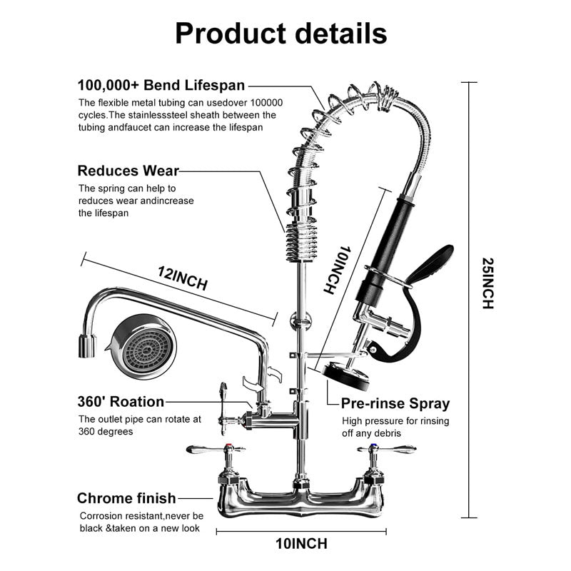 Commercial Sink Faucet, Commercial Faucet With Sprayer, Adjustable Center Wall Mount Restaurant Faucet