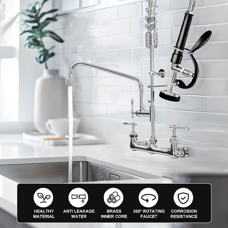 Commercial Sink Faucet, Commercial Faucet With Sprayer, Adjustable Center Wall Mount Restaurant Faucet